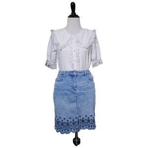 Talbots Light Blue Denim Pencil Skirt with Embroidered Lace Detail